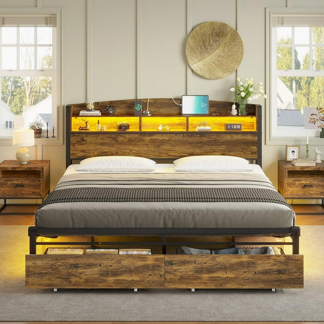 King Size Bed Frame with Storage & LED Light Headboard, Metal Platform