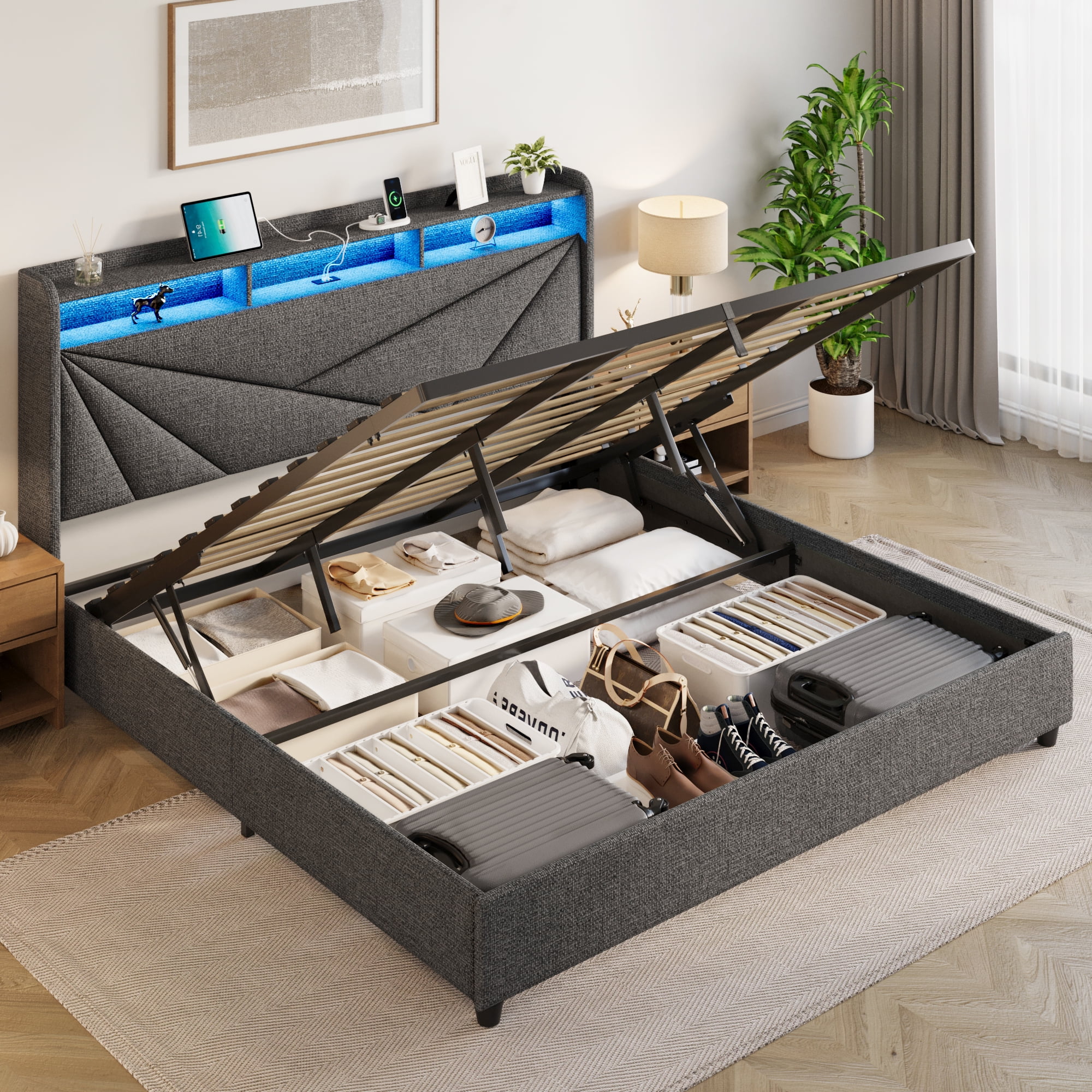 King Size Bed Frame with Storage, Lift Up Upholstered King Bed Frame with Charging Station and LED Lights Headboard, No Box Spring Needed, Easy Assembly - Dark Grey