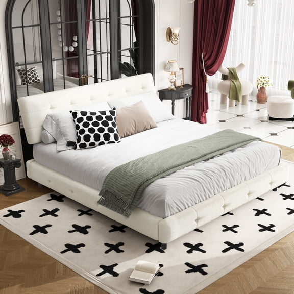 King Size Bed Frame with Tufted Headboard, Chenille Upholstered Platform Bed Frame with Extra-Large Cloud Pillow, Wooden Slats Support, No Box Spring Needed, Noise Free, White