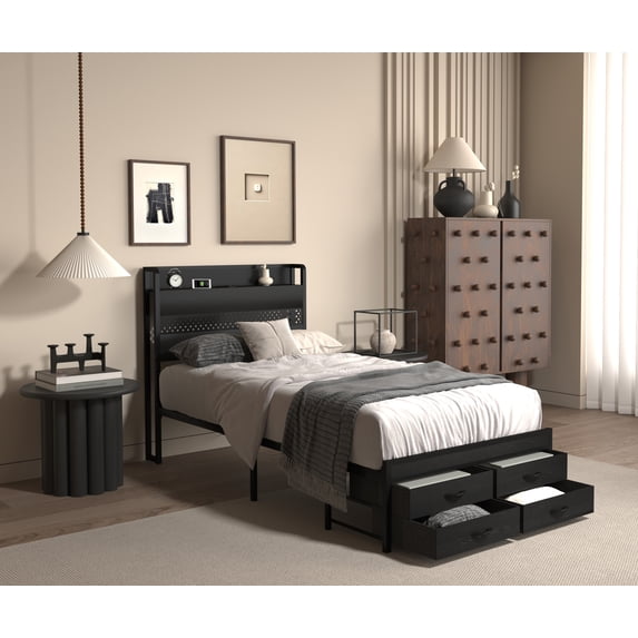 Twin Bed Frame, Twin Size Bed Frame,Twin Bed Frames with Headboard, Twin Size Bed Frames with Storage Drawers, Twin Bed, Black Metal Platform Bed Frame, Single Bed Frame, No Box Spring Needed