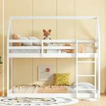 King Size Bed Frame Twin over Twin Rubber Wood Floor Bunk Bed, with ladder,Guardrails,House-Shaped-Bunk Bed,White,Full Size Bed Frame