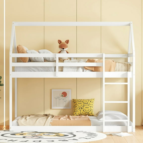 King Size Bed Frame Twin over Twin Rubber Wood Floor Bunk Bed, with ladder,Guardrails,House-Shaped-Bunk Bed,White,Full Size Bed Frame