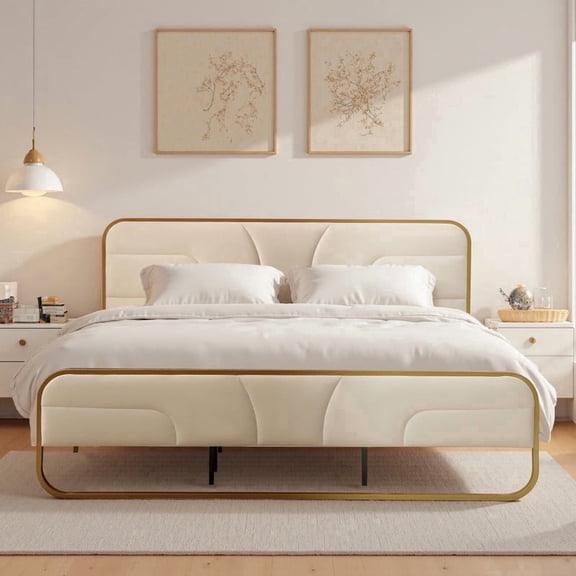 VELOCAVA King Size Bed Frame with Upholstered Headboard and Footboard, Rounded Gold Frame, Cream