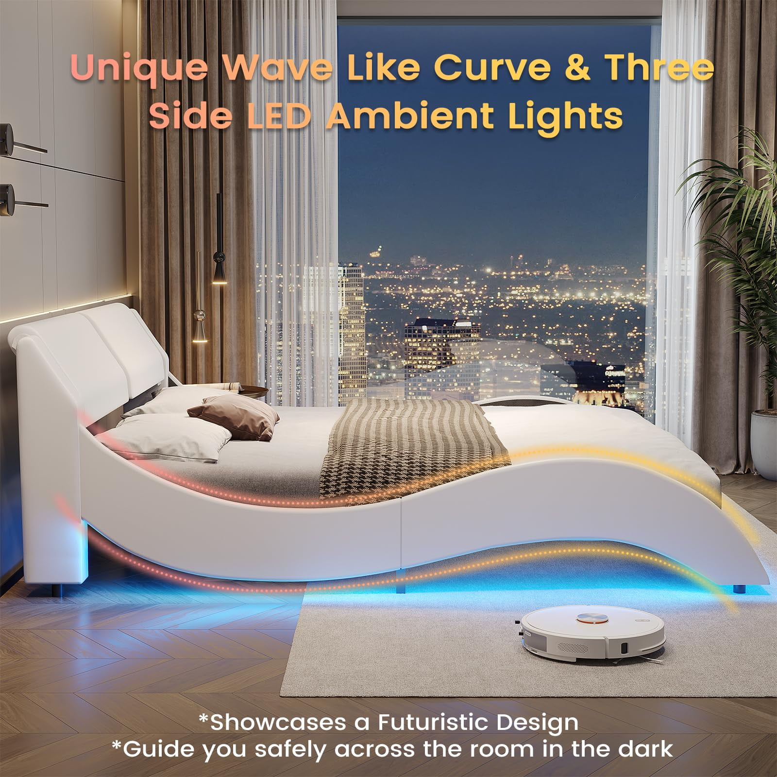 King Size Bed Frame with Upholstered Headboard ,Modern Platform Bed Frame with LED Lights,Faux