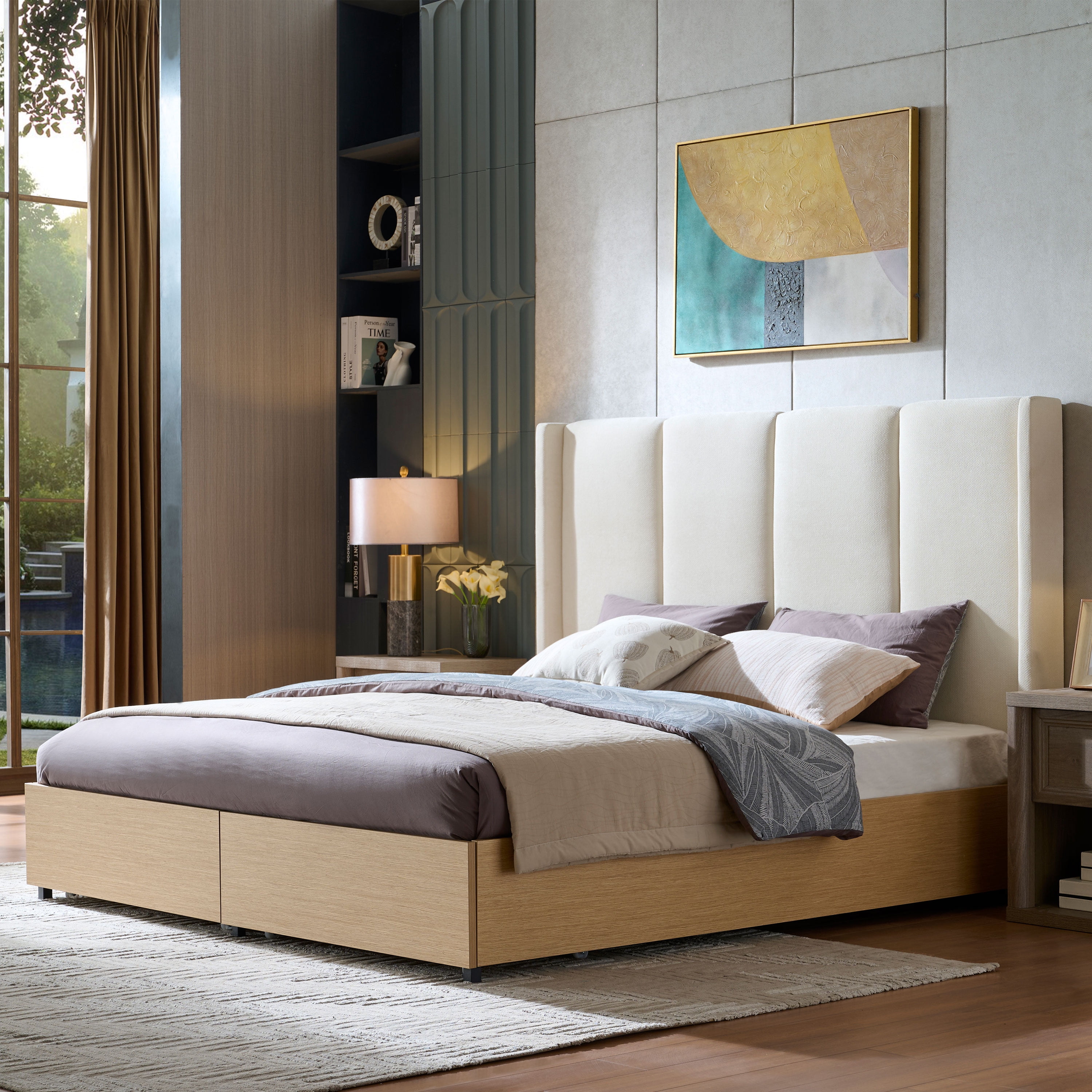 King Size Bed Frame and Upholstered Headboard, Solid Wood Platform Bed with Storage Drawers, Durable Wooden Slats, Solid and Stable, Noiseless, No Box Spring Needed, Easy Assembly, Beige