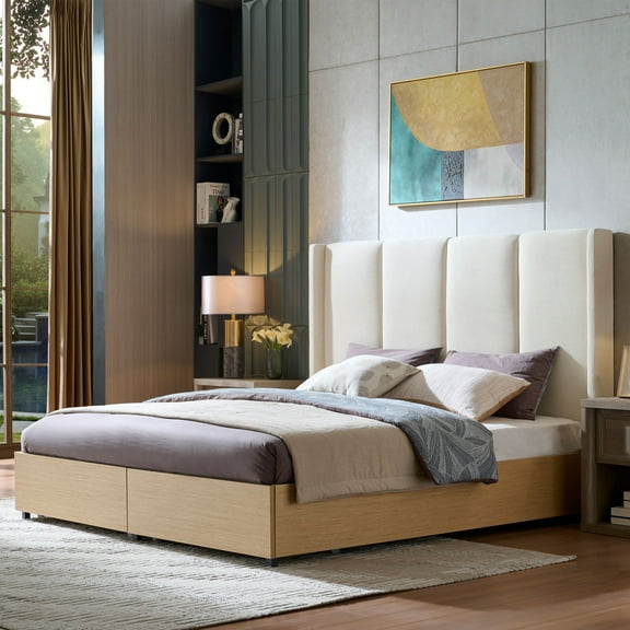 King Size Bed Frame and Upholstered Headboard, Solid Wood Platform Bed with Storage Drawers, Durable Wooden Slats, Solid and Stable, Noiseless, No Box Spring Needed, Easy Assembly, Beige