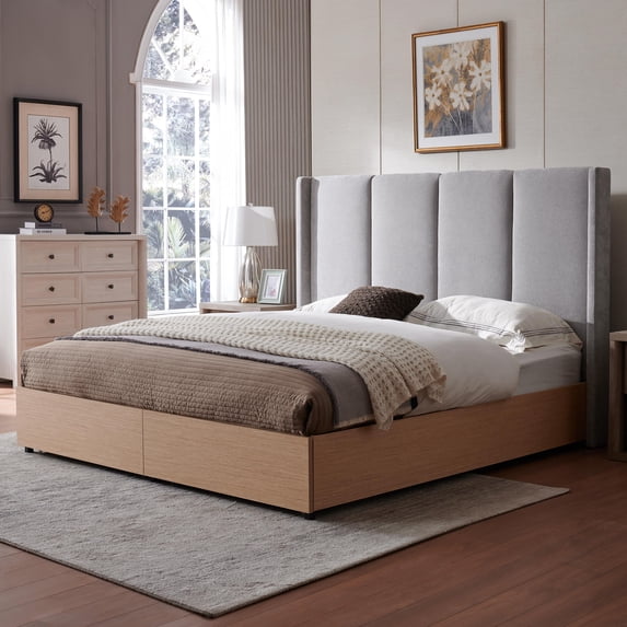 King Size Bed Frame and Upholstered Headboard, Solid Wood Platform Bed with Storage Drawers, Durable Wooden Slats, Solid and Stable, Noiseless, No Box Spring Needed, Easy Assembly, Light Gray