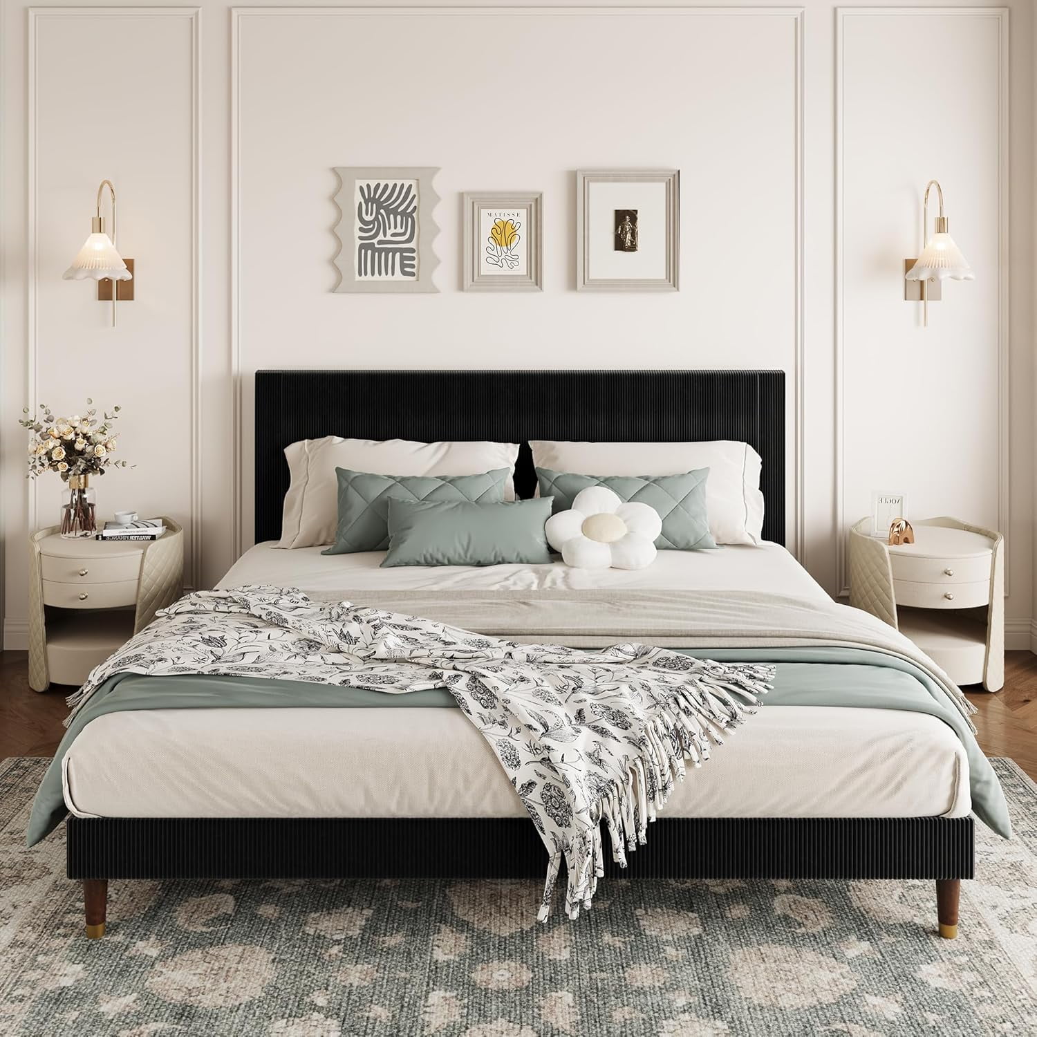 King Size Bed Frame with Upholstered Headboard and Strong Wooden Slats Support, Soft Corduroy Fabric Platform Bed, No Boxing Spring Needed, Easy Assembly, Black