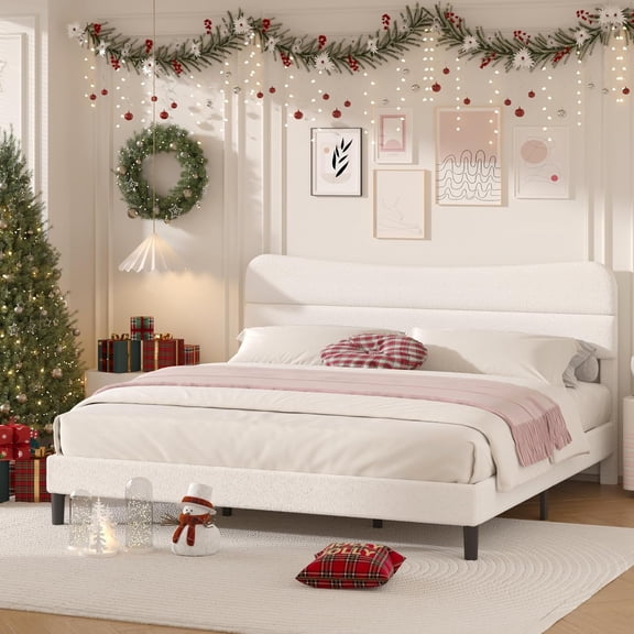 King Size Bed Frame, Upholstered King Bed Frame and Headboard, Teddy Soft Boucle Fabric bedframe King Size, Soft Cloud Shape Upholstered Headboard, No Box Spring Needed, Noise Free (White