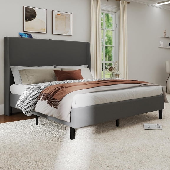 King Size Bed Frame, Upholstered Platform Bed Frame with USB Type-C Tall Headboard Wingback, Soft Velvet Fabric, No Box Spring Needed, Easy Assembly, Misty Grey