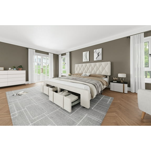 King Size Bed Frame, Upholstered Platform Bed Frame with 2 Storage Drawers, Sturdy Wooden Slats Support, Noise-Free, No Box Spring Needed, Beige