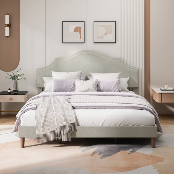 King Size Bed Frame,Upholstered Platform Bed Frame with Adjustable Headboard,Linen Fabric Padded,Modern Simple Style,Easy Assembly,Beige