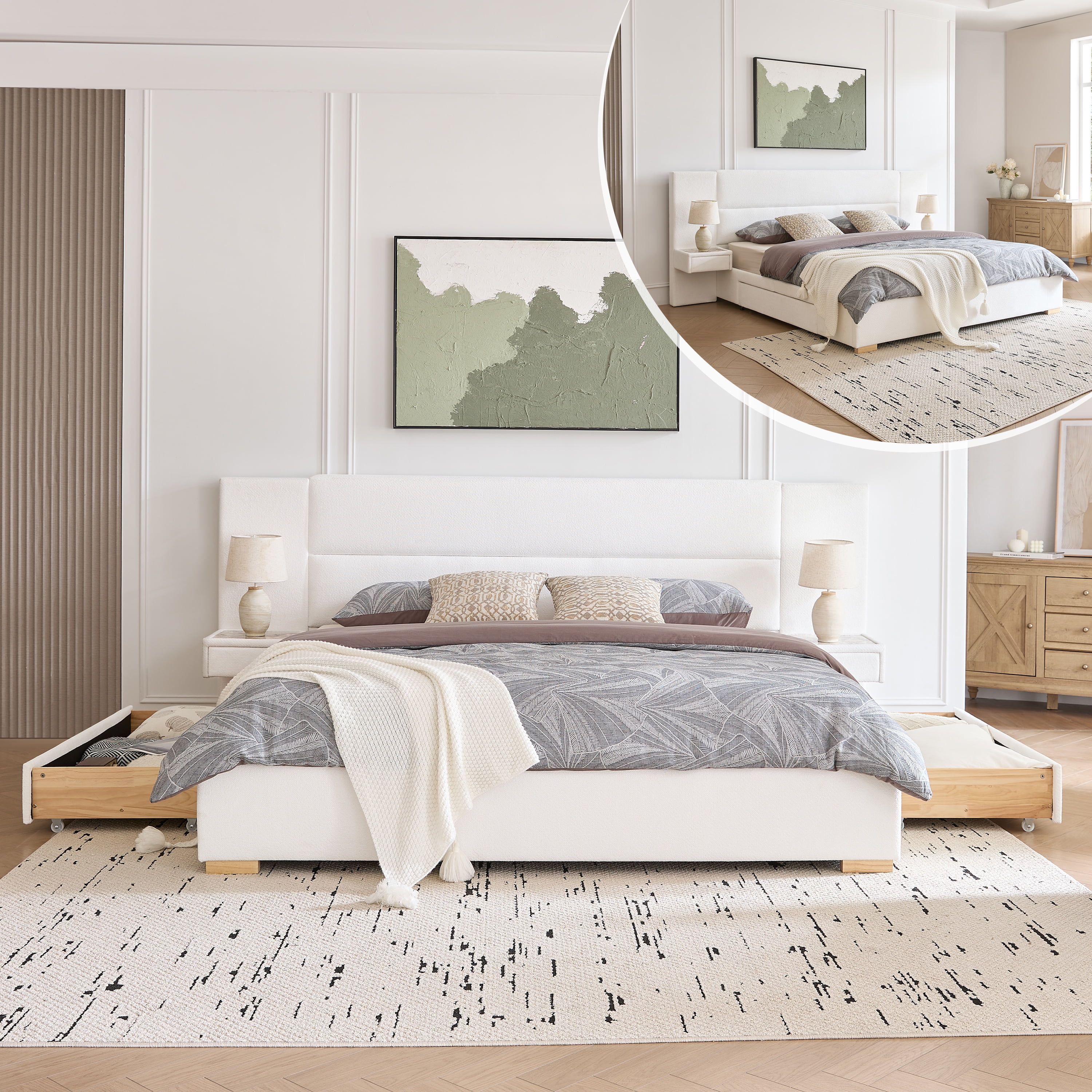 King Size Bed Frame Upholstered Platform Bed with Two Large Storage Drawers, Linen Fabric, Wooden Slat Support, Mattress Foundation, No Box Spring Needed, Noise-Free, Easy Assembly, White