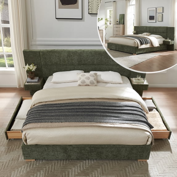 King Size Bed Frame Upholstered Platform Bed with Two Large Storage Drawers, Linen Fabric, Wooden Slat Support, Mattress Foundation, No Box Spring Needed, Noise-Free, Easy Assembly, Turtle