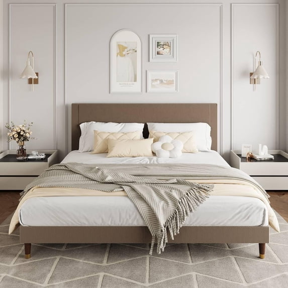 King Size Bed Frame, Upholstered Platform Bed w/Fabric Headboard,Vertical Stripe Design Bed Frame w/ Wooden Slats Support,Non-Slip and Noise-Free,No Box Spring Needed, Easy Assembly