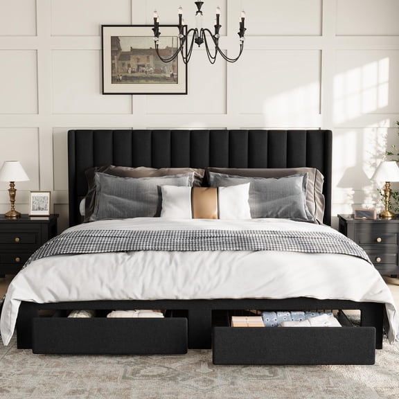 King Size Bed Frame, Velvet Upholstered Bed Frame with Wingback Headboard, with 7 Storage Drawers, Wooden Slats Support, No Box Spring Needed