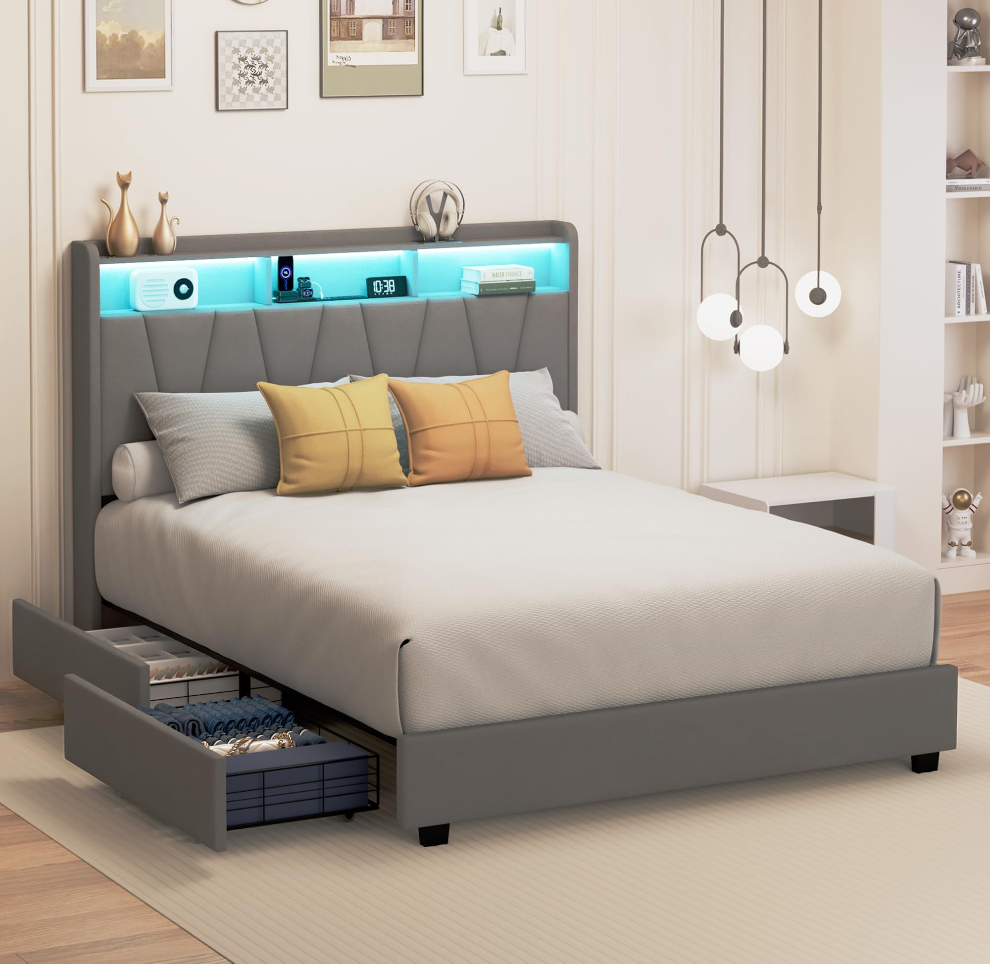 King Size Bed Frame, Velvet Upholstered LED Platform Bed with Headboard ...