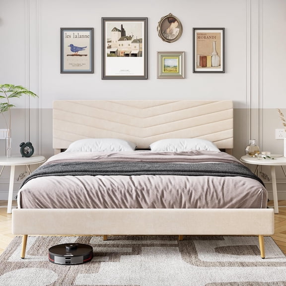 King Size Bed Frame- Velvet Upholstered Platform Bed with Adjustable Headboard- Solid Wood Slats Support- No Box Spring Needed- Easy Assembly-Noise Free- Beige
