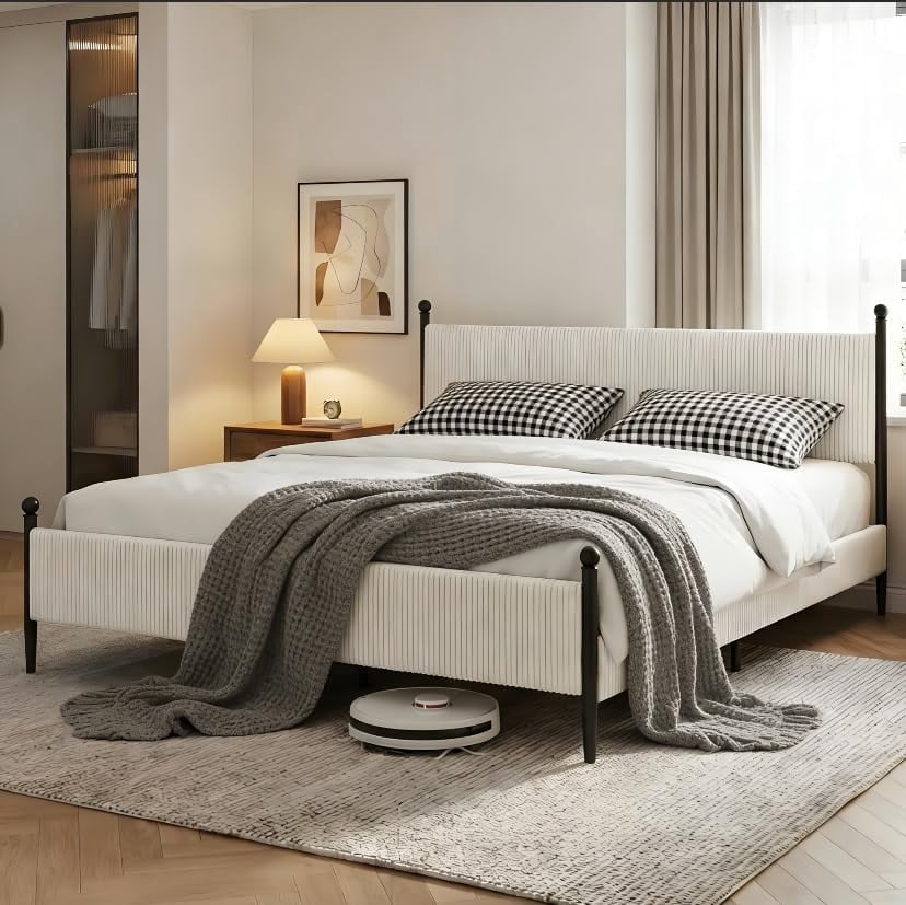 King Size Bed Frame - with Vertical Stripes headboard, Corduroy upholstered Bed upholstered Bed Frame with Vintage Metal Legs, no Box Spring Needed, Easy Assembly, White