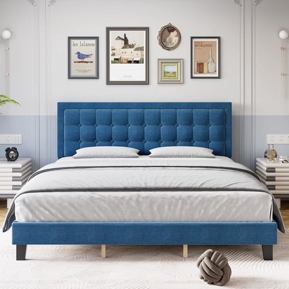 King Size Bed Frame With Buttoned Linen Headboard,Modern Upholstered Platform Bed with Heavy Duty Base and Wood Slat Support,No Box Spring Required,No Noise