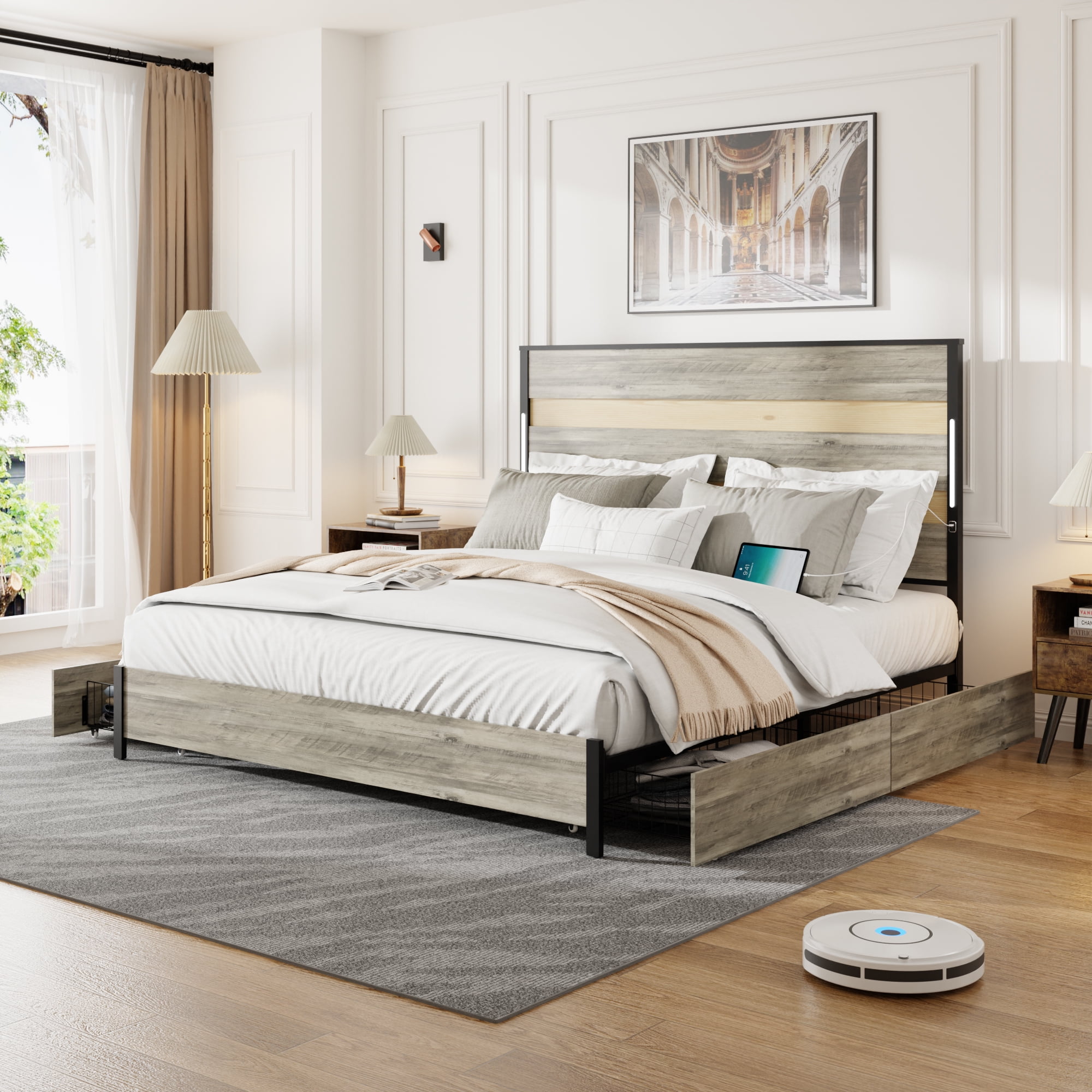 King Size Bed Frame With Headboard And 4 Storage Drawers , King Bed