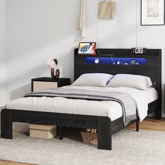 King Size Bed Frame With Storage, Led Lighted Headboard & 2 , Stable, No Box Spring, Easy Setup, Black Build,
