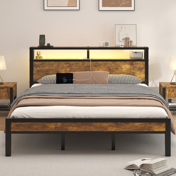 King Size Bed Frame with LED Lights,Metal Platform Bed with 2-Tier Storage Headboard and Charging Station, Brown