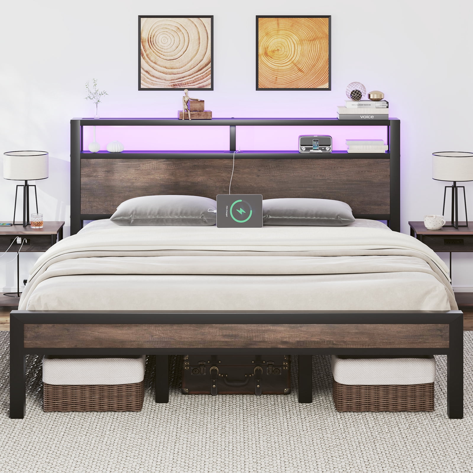 King Size Bed Frame with LED Lights,Metal Platform Bed with 2-Tier Storage Headboard and Charging Station, Grey