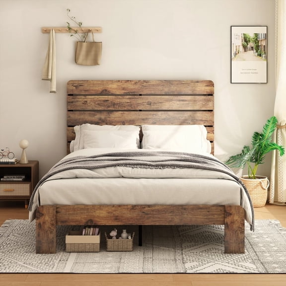 King Size Bed Frame - Wood, No Box Spring Needed, Easy to Assemble, Dark Brown with Under Bed Storage