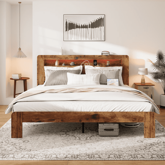 King Size Bed Frame,Wood Platform Bed with Storage LED Light Headboard and USB, Large Under Bed Storage,Noise Free,No Box Spring Needed,Dark Brown