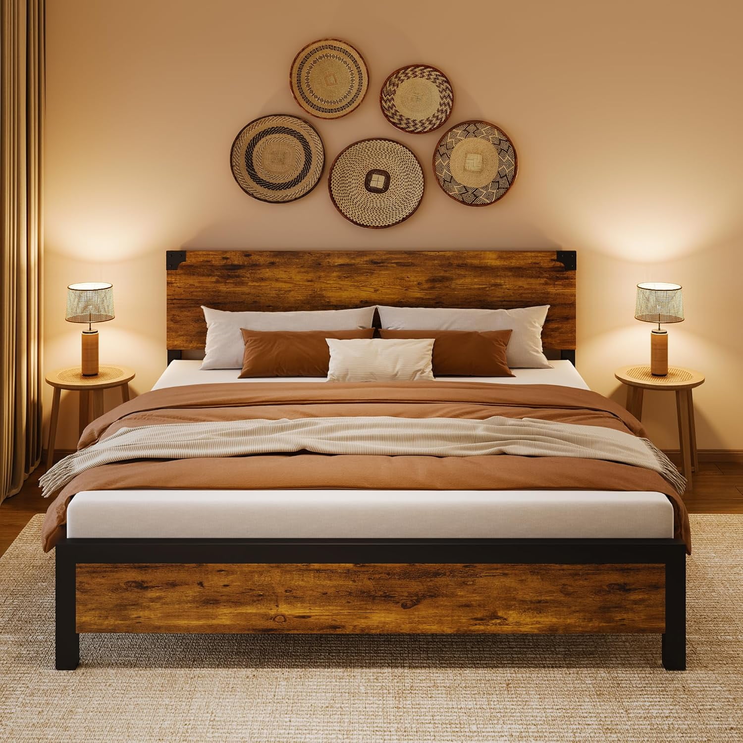 King Size Bed Frame with Wooden Headboard – Features a Platform Design with Under-Bed Storage and Metal Legs. Noise-Free Operation, No Box Spring Required, and Easy Assembly – Rustic Brown