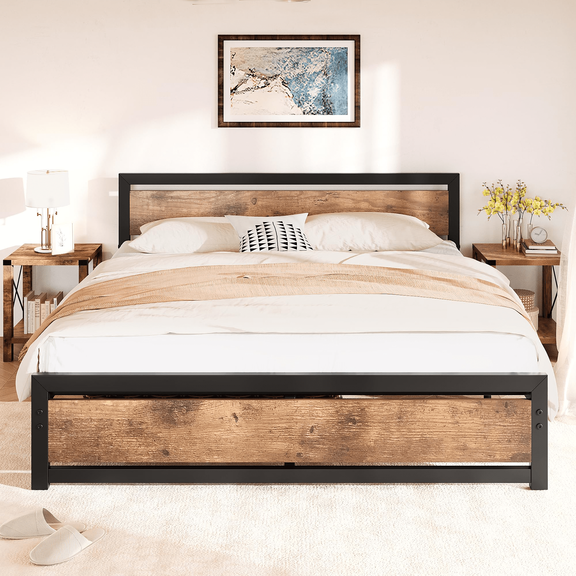 King Size Bed Frame with Wooden Headboard and Footboard, Heavy Duty Metal Sturdy and Durable Platform, Noise Free, No Box Spring Needed, Easy to Assemble, Rustic Brown