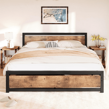King Size Bed Frame with Wooden Headboard and Footboard, Heavy Duty Metal Sturdy and Durable Platform, Noise Free, No Box Spring Needed, Easy to Assemble, Rustic Brown