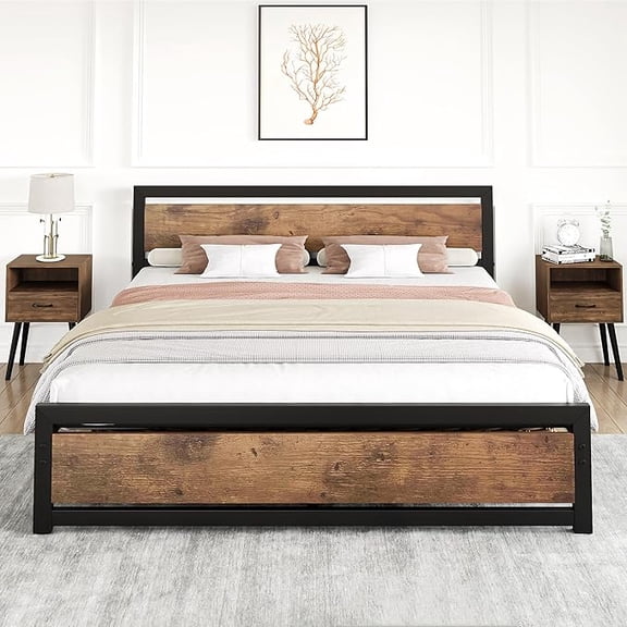 King Size Bed Frame with Wooden Headboard and Footboard, Metal Full Bed Platform No Box Spring Needed, 14 inch Easy to Assemble Noise Free Full Bed Frame, Rustic Brown
