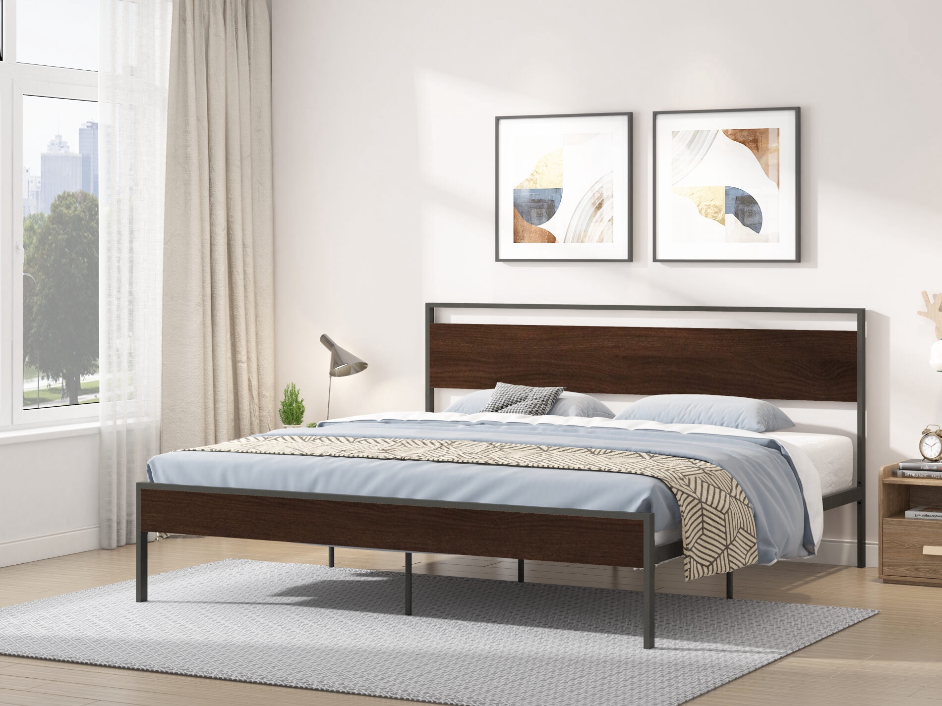 King Size Bed Frame with Wooden Headboard and Footboard, Platform Bed ...
