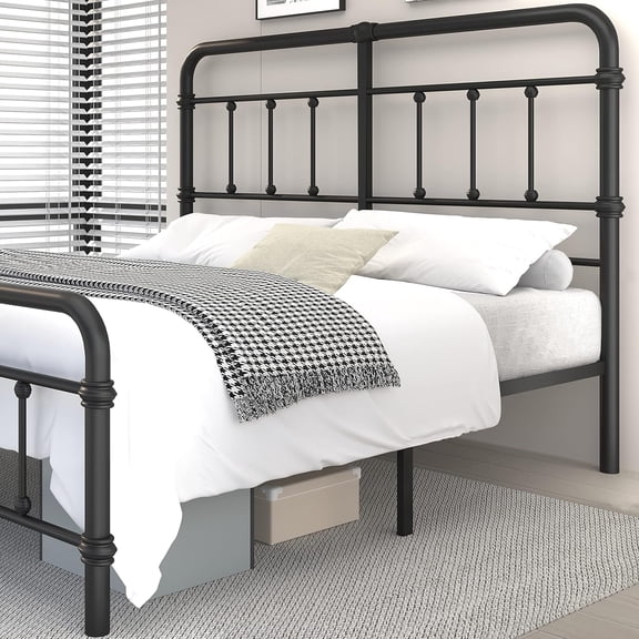 King-Size-Bed-Frame and headboard Giselle-Vintage Antique-Metal - Iron Platform Mattress Foundation,49 inch High,No Box Spring Needed(Black)
