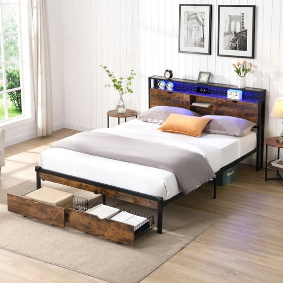 King Size Bed Frame with 2 Drawers LED Lights and USB Outlets for Bedroom Storage and Electronics Charging