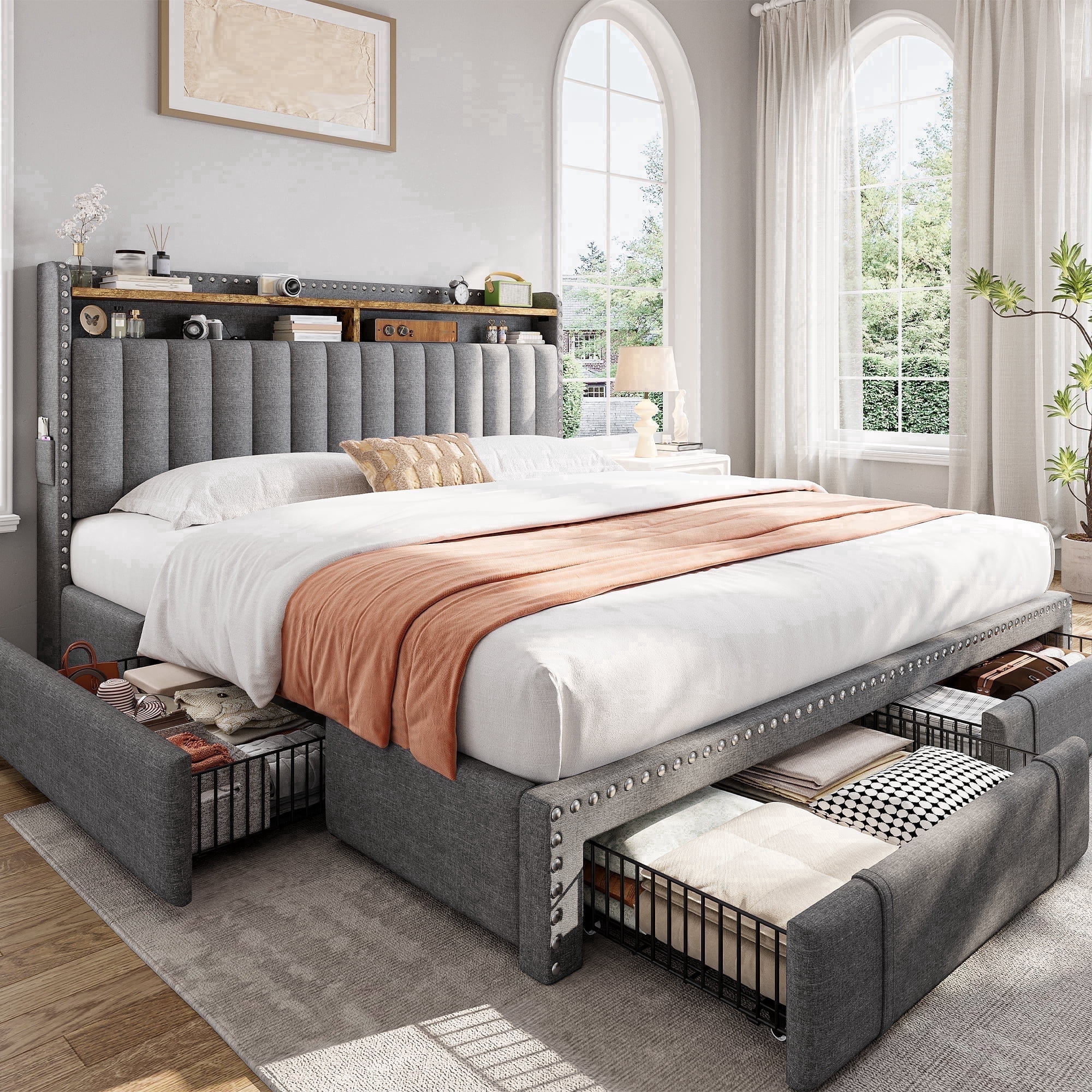King Size Bed Frame with 4 Storage Drawers Upholstered Bed Frame with 2-Tier Shelf Bed Frame with Headboard & Side Pockets,Gray