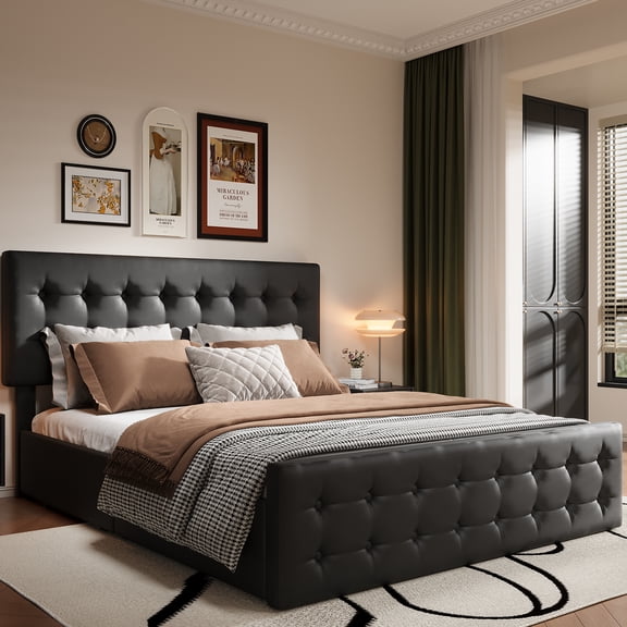 King Size Bed Frame with 4 Storage Drawers, Linen Upholstered Platform Bed Frame with Wooden Slats Support, Button Tufted Design, Black
