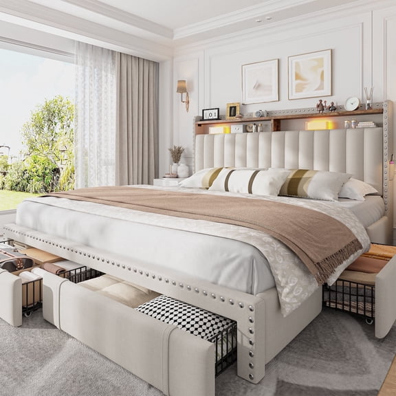Upholstered Bed Frame with 4 Storage Drawers & 2-Tier Shelf King Size Bed Frame with Headboard & Side Pockets,Beige
