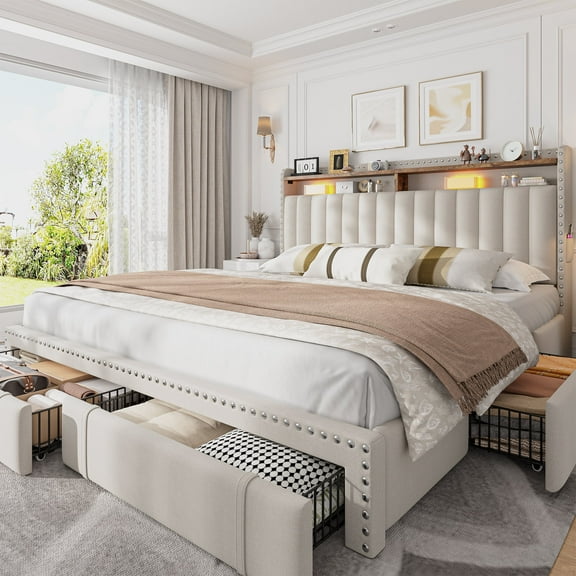 King Size Bed Frame with 4 Storage Drawers Upholstered Bed Frame with 2-Tier Shelf Bed Frame with Headboard & Side Pockets,Beige