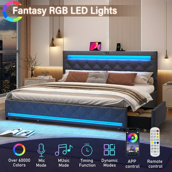 King Size Bed Frame with 4 Storage Drawers and 2 USB Ports, Platform Bed with LED Light, Modern Upholstered Headboard, No Box Spring Needed