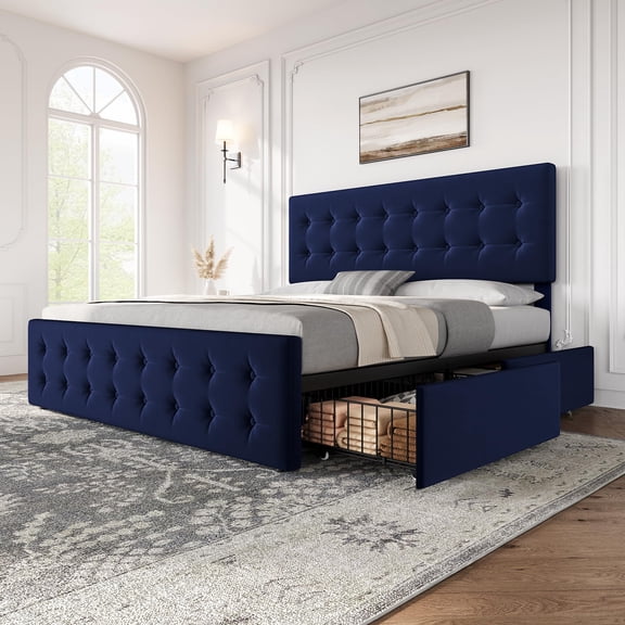 King Size Bed Frame with 4 Storage Drawers and Headboard, Velvet Upholstered Platform Bed Frame with Wooden Slats Support, Button Tufted Design,Blue