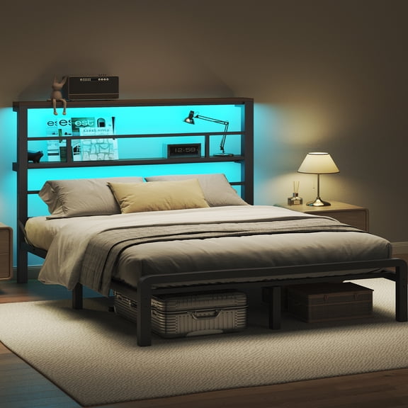HOMSHADE King Size Bed Frame with 49.2 inch LED High Headboard and 2-Tier Storage, Metal Platform Bed, Black