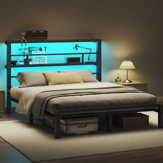 Patbrela King Size Bed Frame with 49.2 inch LED High Headboard and 2-Tier Storage, Metal Platform Bed, Black