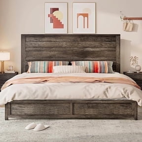 VanAcc King Size Bed Frame with 49" Tall & Full-Panel Headboard, Farmhouse Platform Bed with Wood Slats & Metal Bed Frame, Noise Free