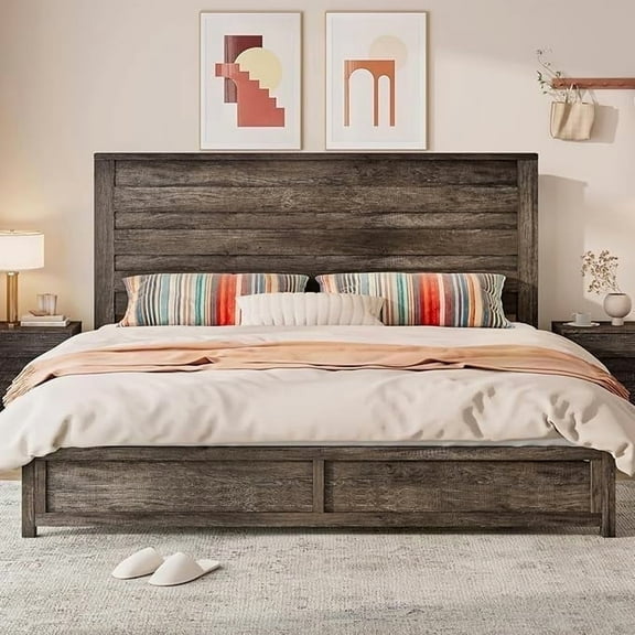 VanAcc King Size Bed Frame with 49" Tall & Full-Panel Headboard, Farmhouse Platform Bed with Wood Slats & Metal Bed Frame, Noise Free