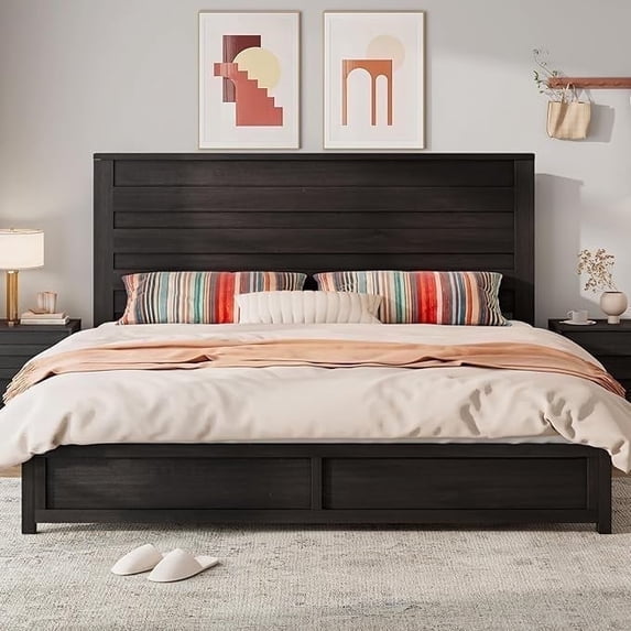 VanAcc King Size Bed Frame with 49" Tall & Full-Panel Headboard, Farmhouse Platform Bed with Wood Slats & Metal Bed Frame, Noise Free