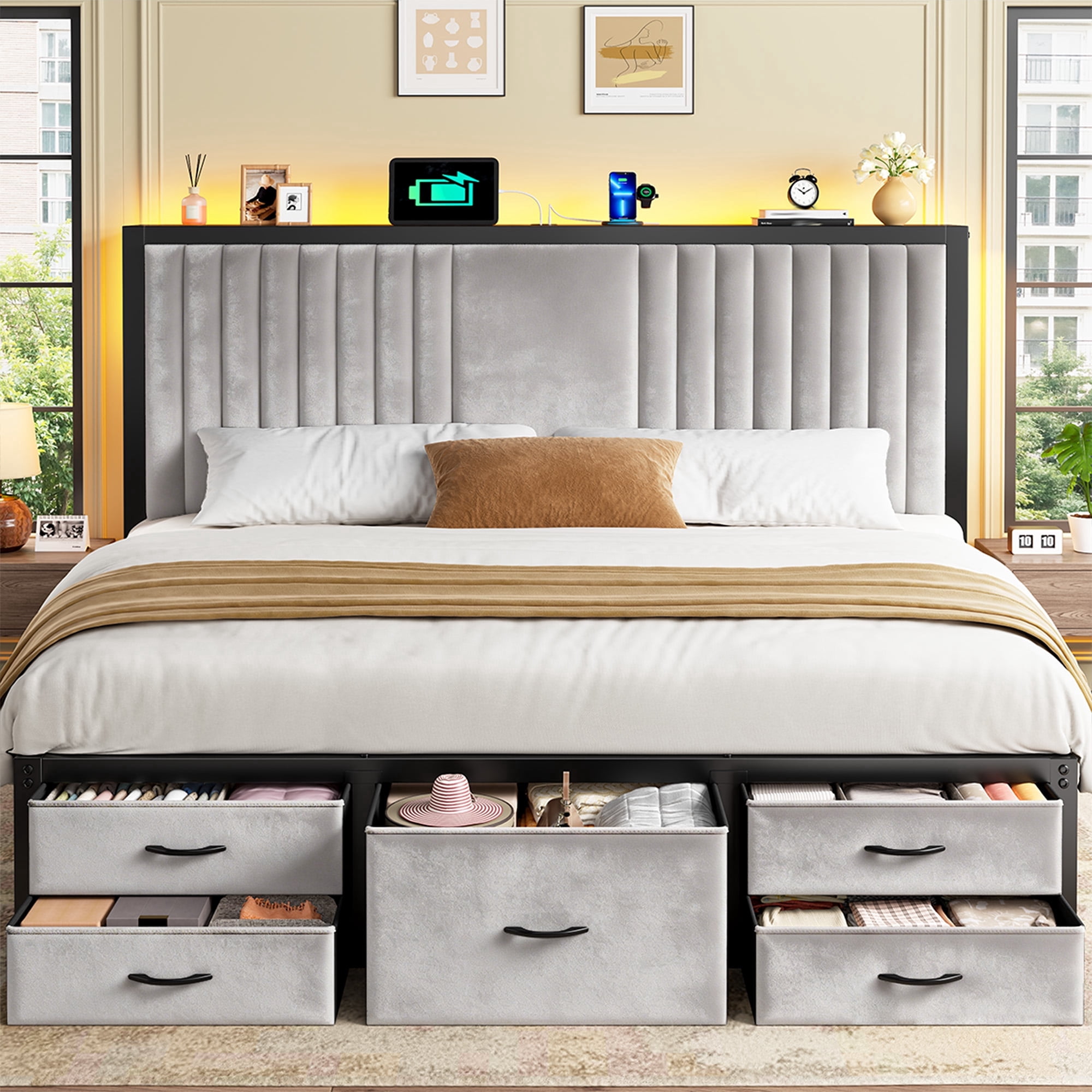 King Size Bed Frame with 5 Storage Drawers, LED Lights & Charging ...