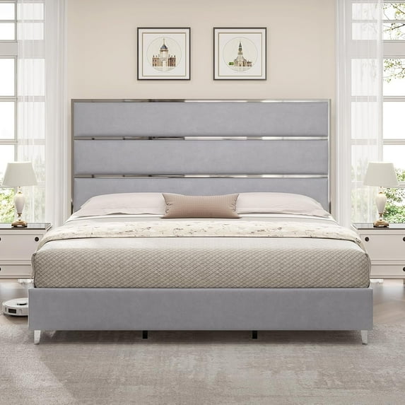 VanAcc King Size Upholstered Platform bed with 59" Headboard and Silver Mirrored Trim/Light Grey